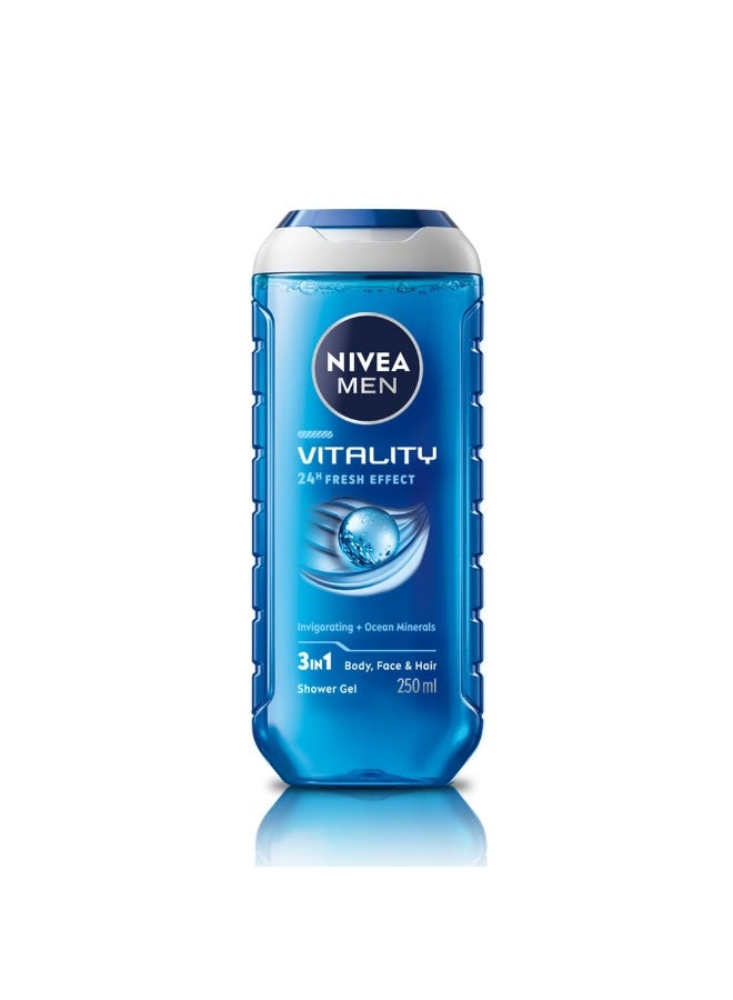 NIVEA MEN Vitality Fresh 250ml Body Wash| Shower Gel for Face, Body & Hair| Power of Ocean Minerals| Long Lasting Summer Freshness |Clean, Healthy & Moisturized Skin